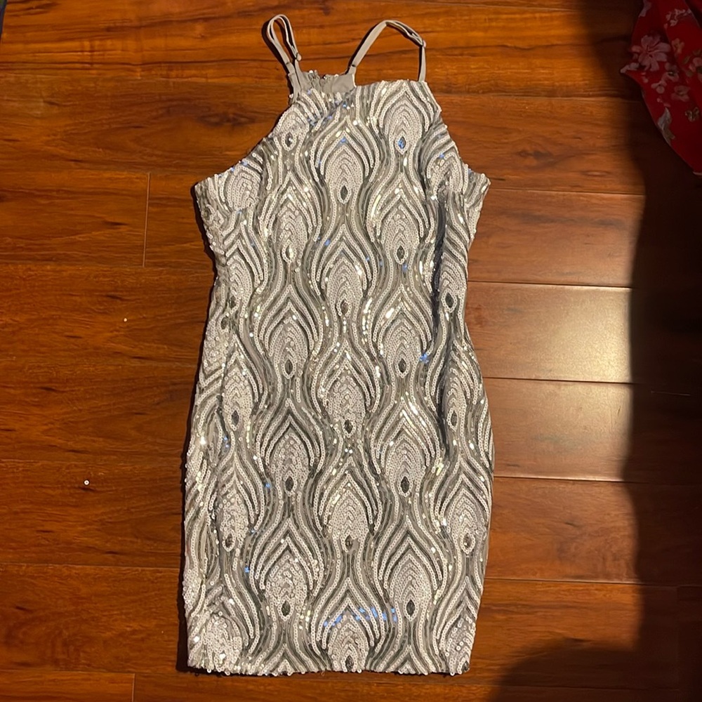 Silver and white sequined halter dress size Medium